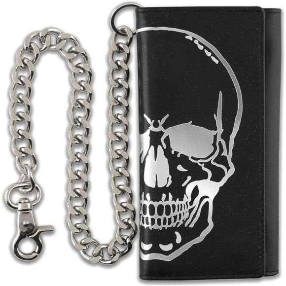 Leather Steel Chain Wallet black /skull embossed